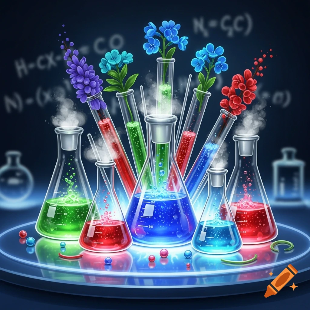 Colorful chemistry beakers and test tubes with glowing liquids and flowers, on a vibrant scientific display.