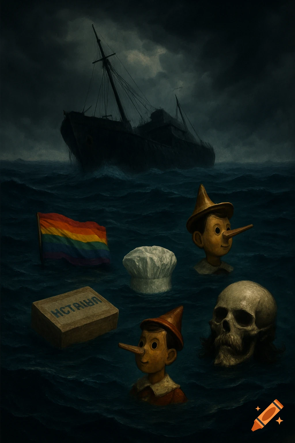 A dark, painterly scene of a sinking ship in stormy waters, with a rainbow flag, two Pinocchios, a chef's hat, a wooden box, and a skull floating.