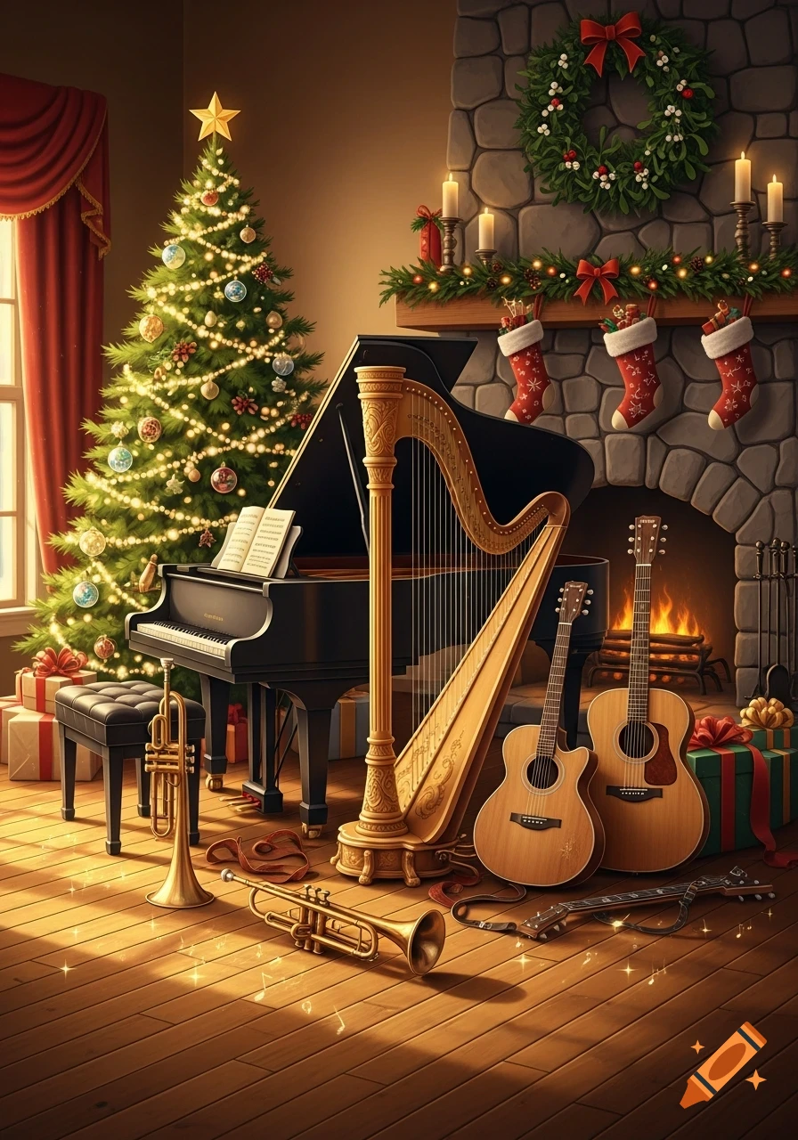 A cozy room decorated for Christmas with a large tree and fireplace, surrounded by musical instruments including a grand piano, harp, two guitars, and two trumpets.