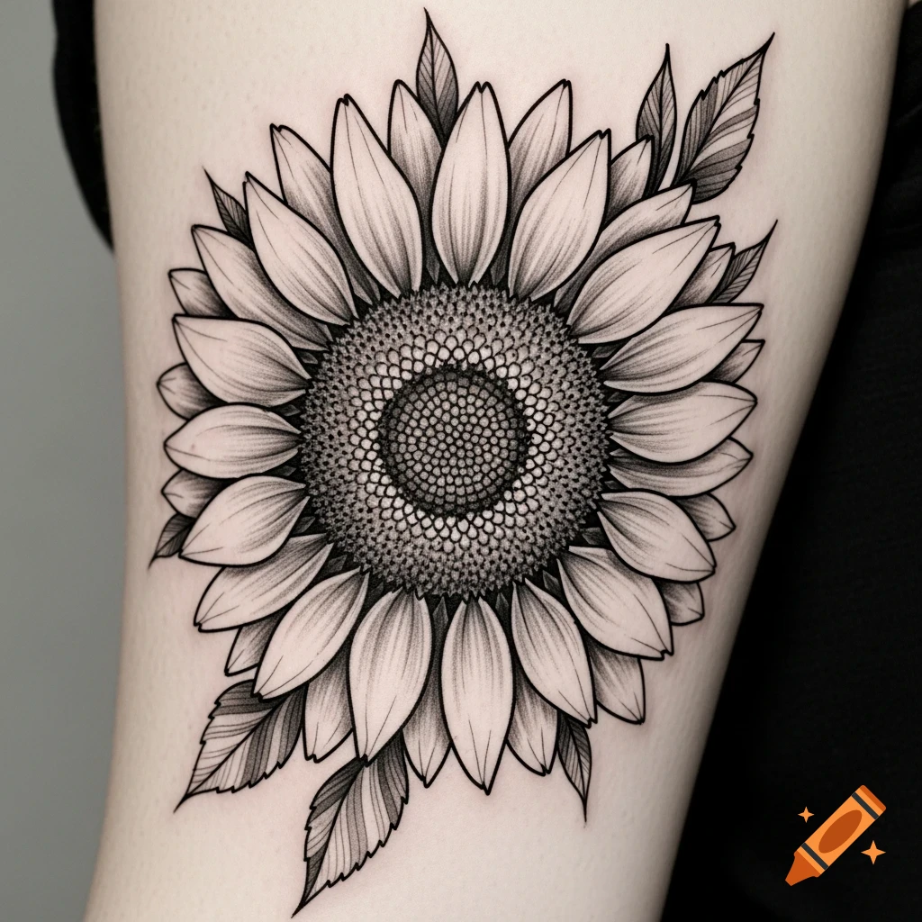 Detailed black and grey sunflower tattoo on skin, featuring shading and crisp lines.