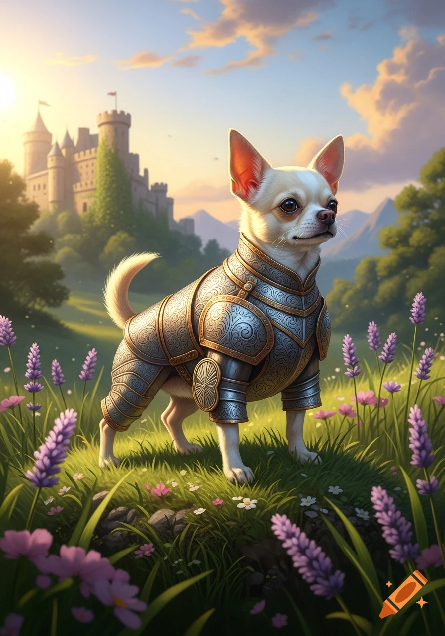 A cream chihuahua in ornate knight's armor stands in a field of lavender flowers before a grand castle at sunset.