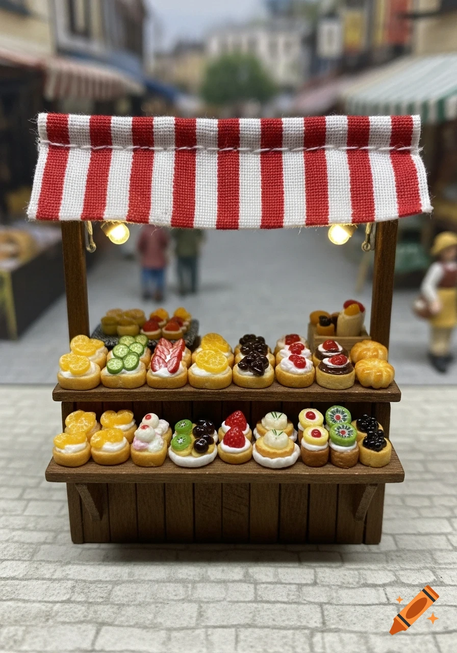 A miniature wooden food stand with a red and white striped awning, displaying rows of tiny, colorful fruit tarts and pastries.