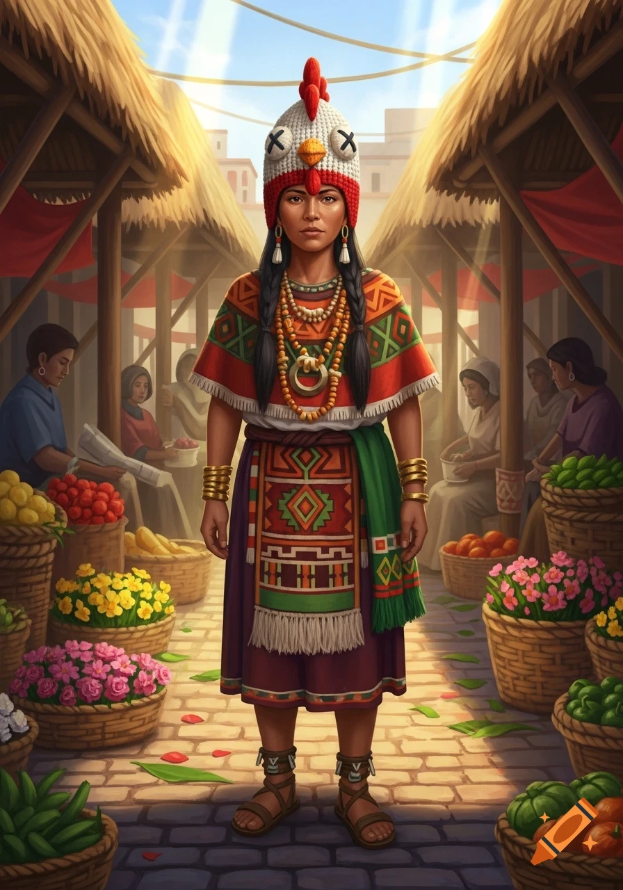 An illustration of an Indigenous woman in a market, wearing traditional clothing and a knit chicken hat with X's for eyes.