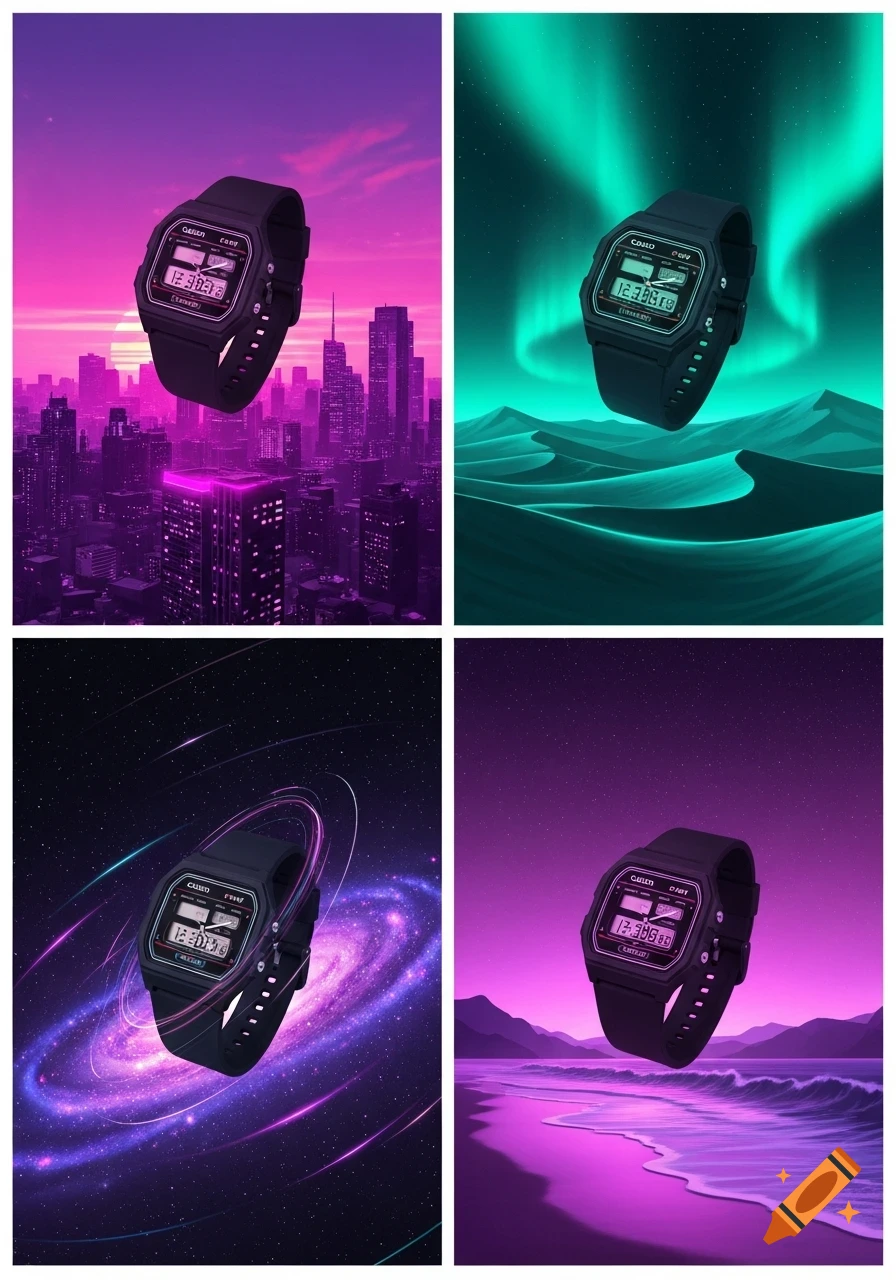 Four panels showing a black digital watch, in the style of a Casio F91W, hovering over different synthwave landscapes: a neon purple cityscape, a teal desert with aurora borealis, a purple galaxy with star trails, and a pink beach with mountains.