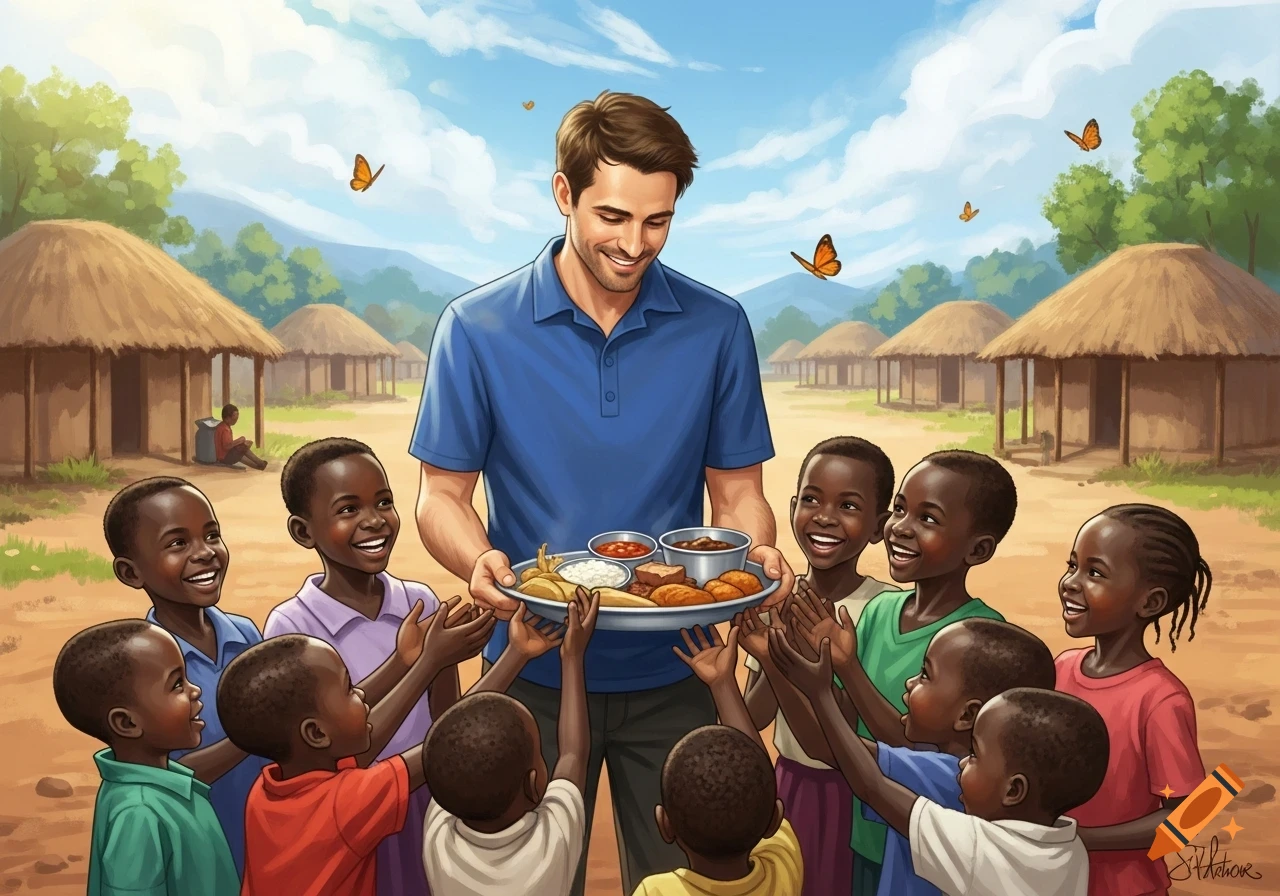 Illustration of a smiling man serving food on a tray to a group of joyful children in an African village with thatched huts.