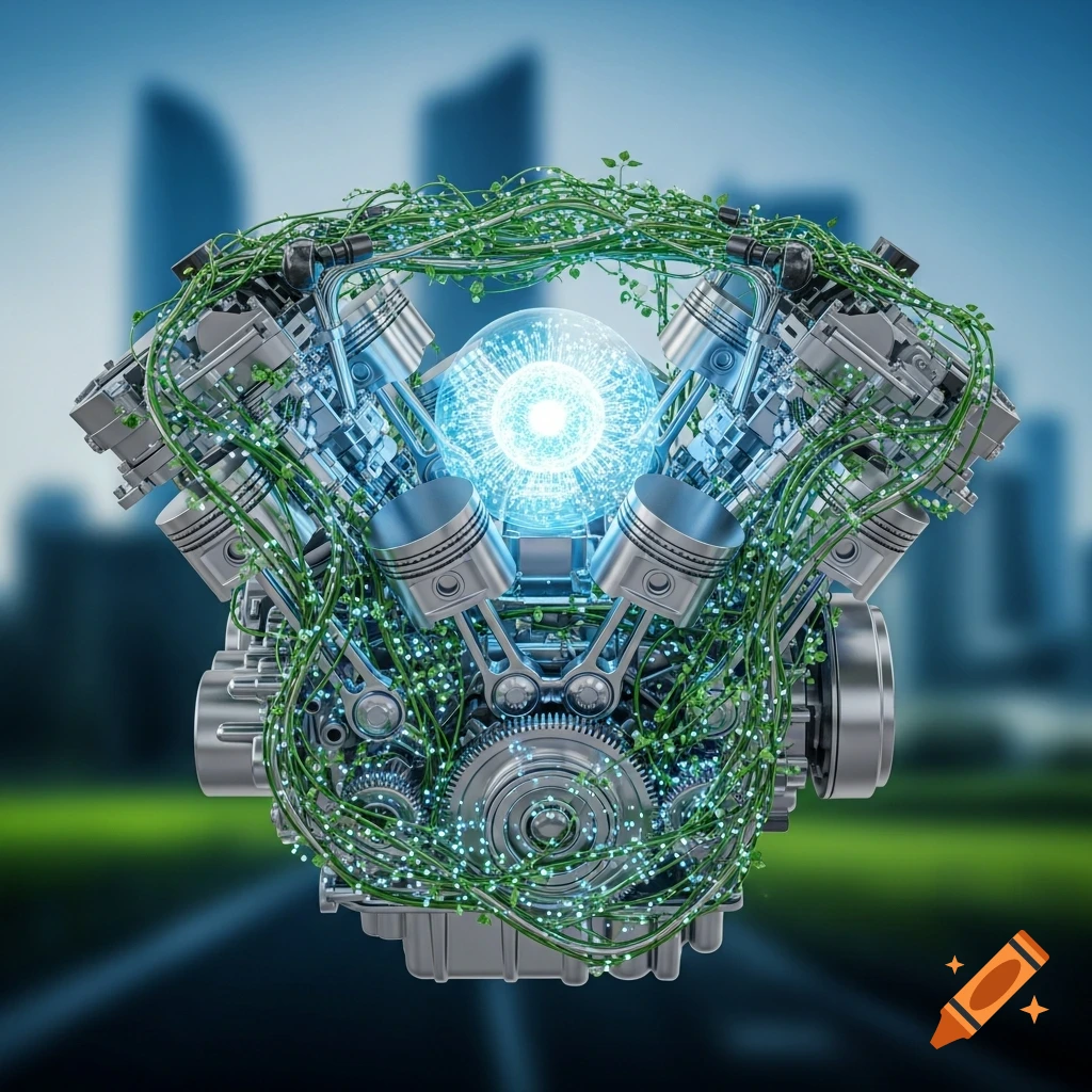 A detailed V-engine covered in green vines and small glowing lights, with a bright blue energy orb at its core, set against a blurred city skyline.