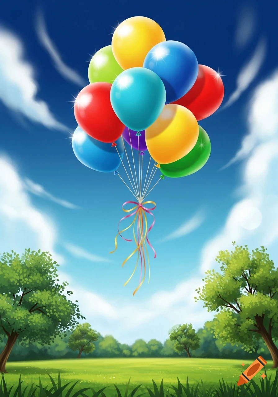 A colorful bunch of balloons with ribbons floats against a bright blue sky over a green field with trees.