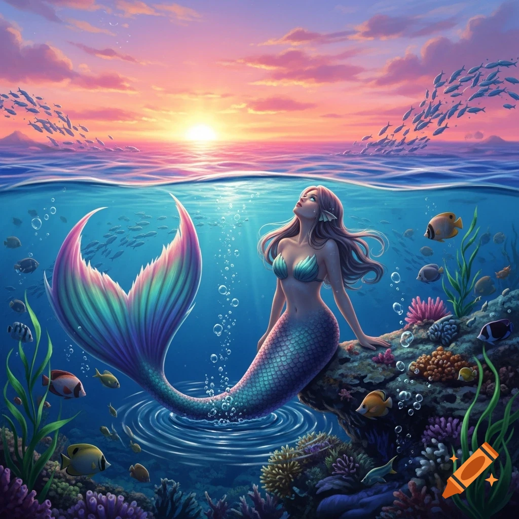 A mermaid with a shimmering tail sits on an underwater rock, looking up at a vibrant sunset while fish swim around her.