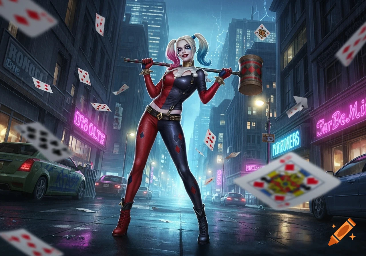 Harley Quinn stands in a rainy city street at night, holding a large mallet over her shoulders, with playing cards floating around her.