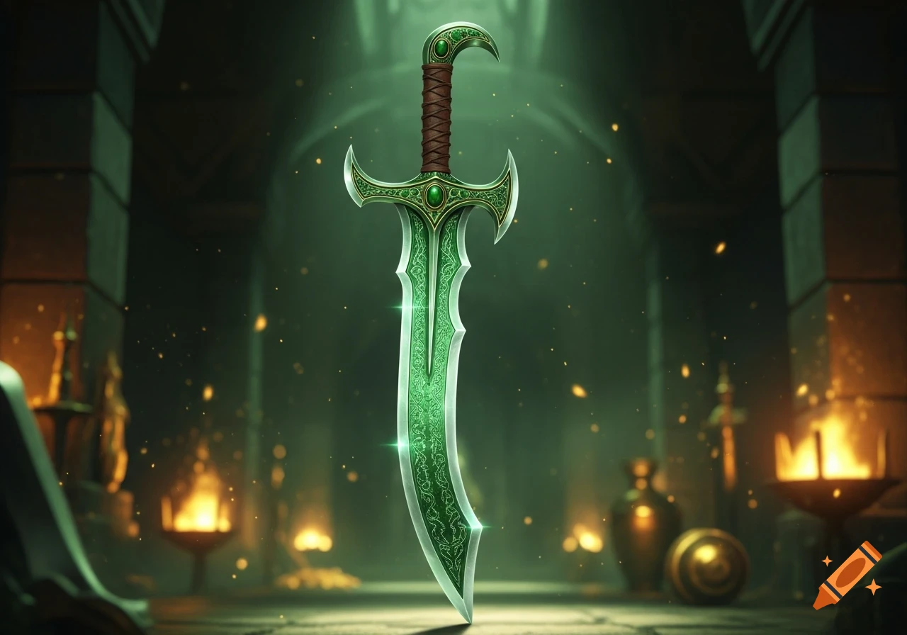 A detailed green falcata sword with intricate patterns and glowing emeralds stands upright in a dimly lit, ancient temple chamber.