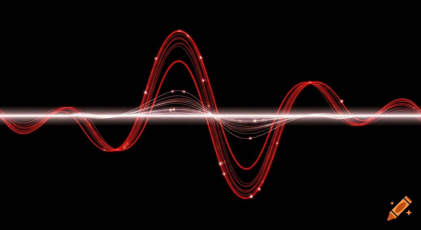 Glowing red and white sine wave pattern with light particles on a black background, scientific visualization style.