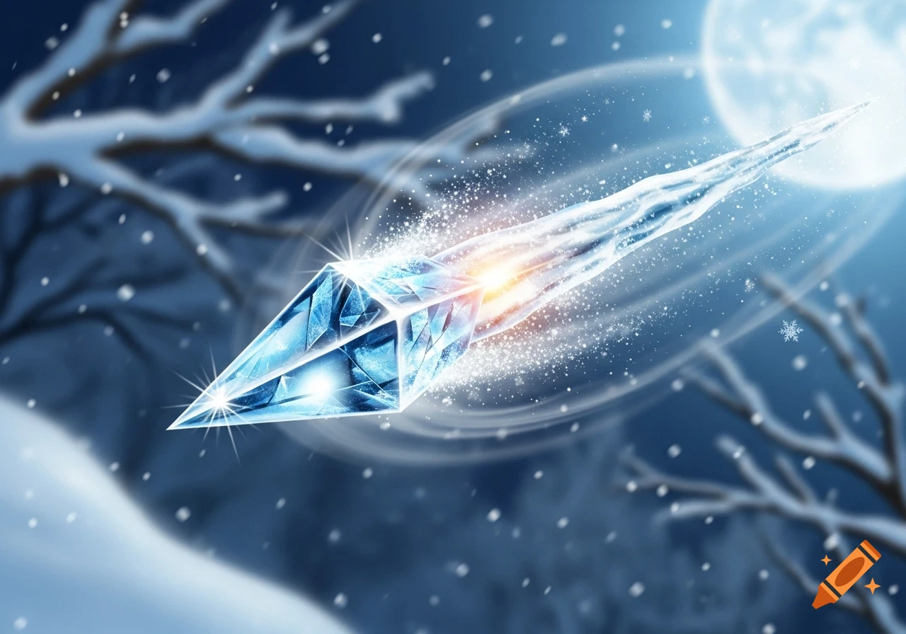A stylized icy, crystalline projectile with a glowing core flies through a sparkling snowy night sky with a full moon.