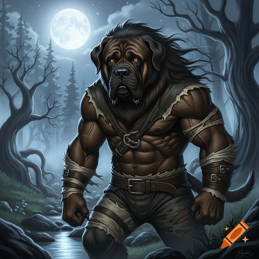 A muscular weredog with a Mastiff-like head and glowing orange eyes stands menacingly in a dark forest under a full moon.