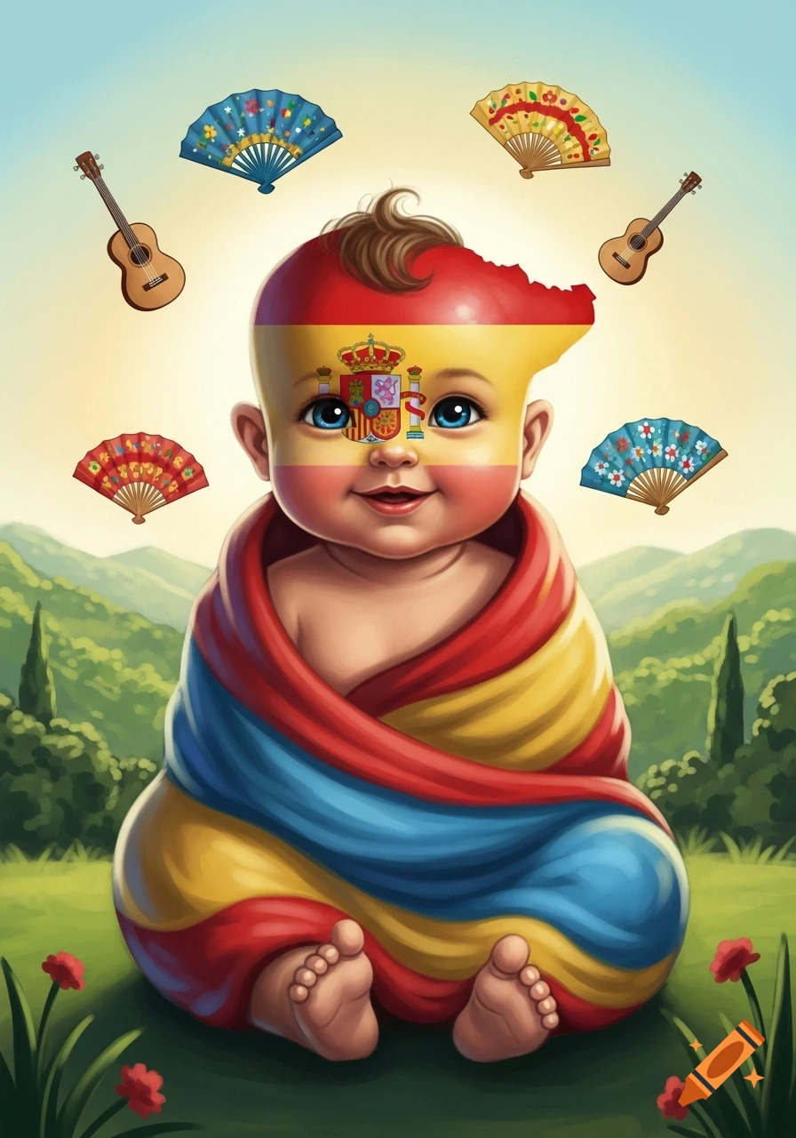 A cartoon baby wrapped in the Spanish flag, with the flag colors on its head, surrounded by Spanish fans and guitars in a landscape.