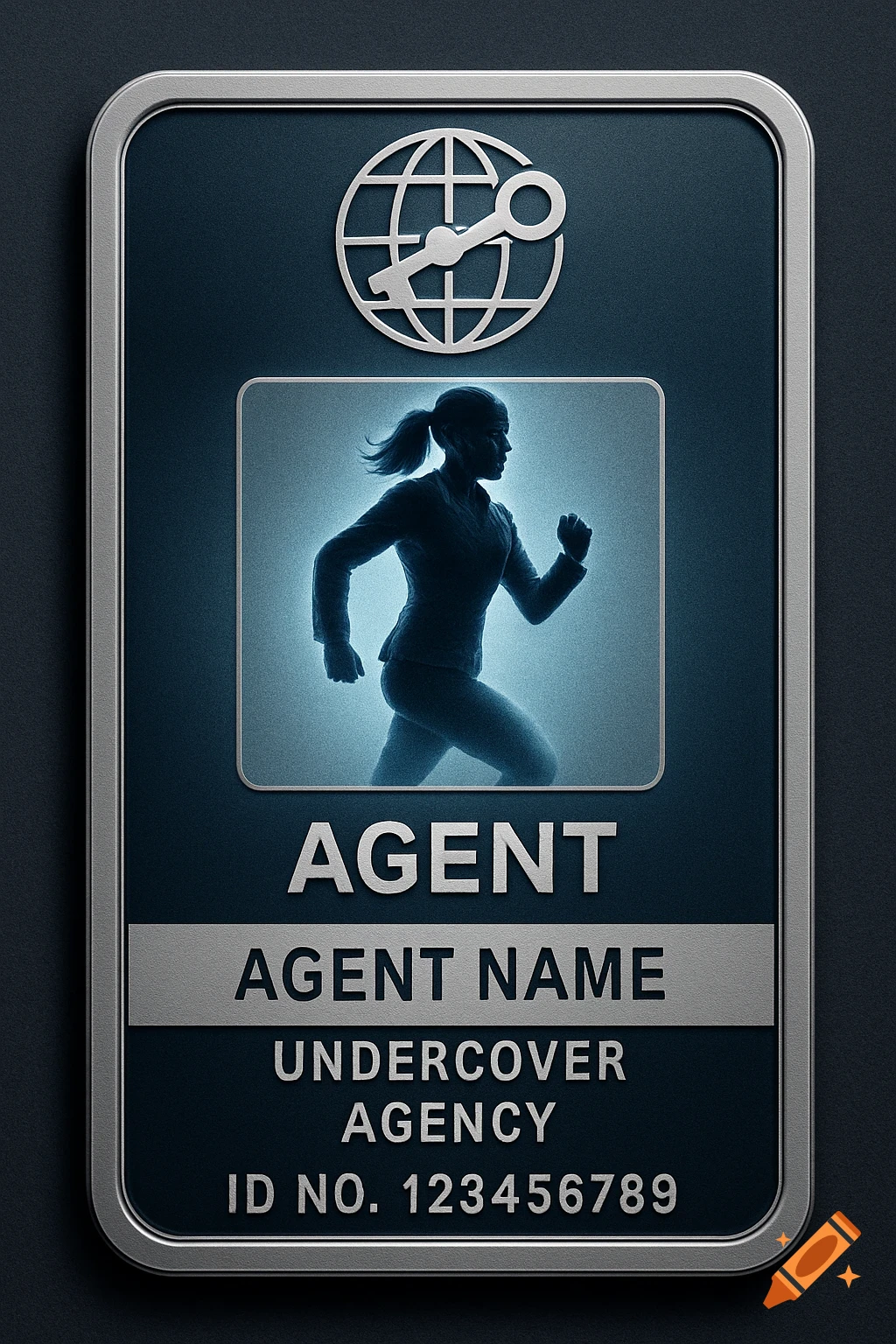 A dark blue and silver agent ID card with a glowing blue silhouette of a woman running. It features a globe and key logo, with text reading "AGENT", "AGENT NAME", "UNDERCOVER AGENCY", and "ID NO. 123456789".