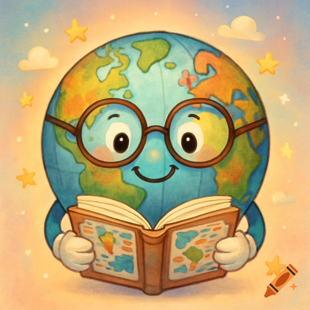 Cute cartoon globe with eyeglasses smiling, holding an open book with maps, set against a starry sky.