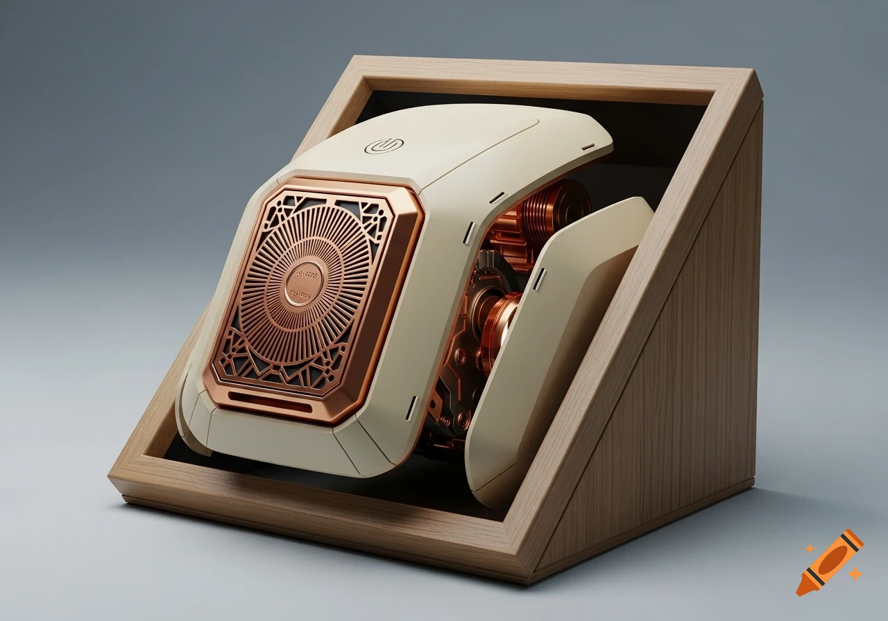 Futuristic cream and copper device with an ornate faceplate, partially enclosed in a wooden frame against a gray background.