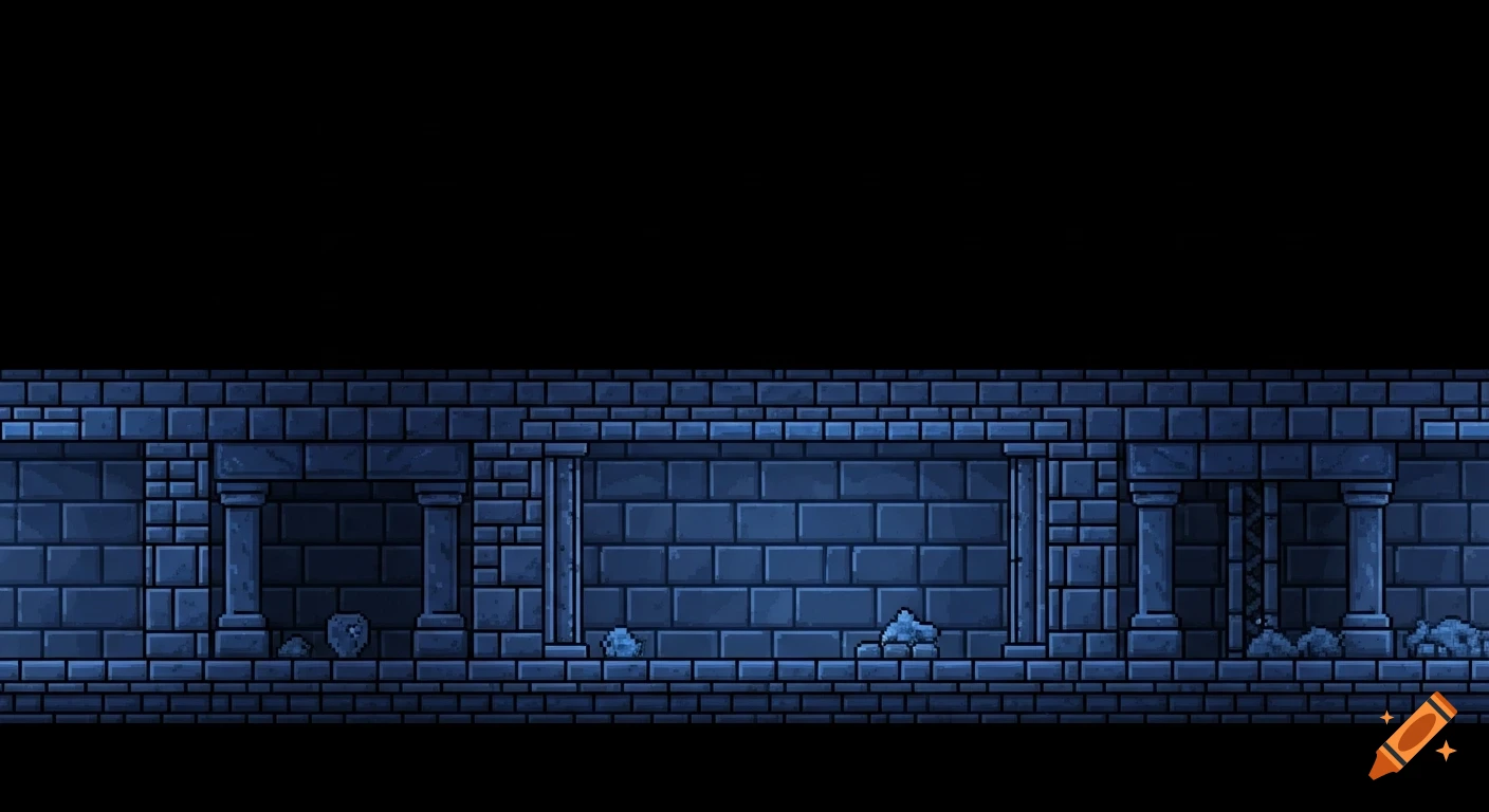Pixel-art 2D side-scrolling game background of a dark blue dungeon with brick walls and stone floor, featuring archways.