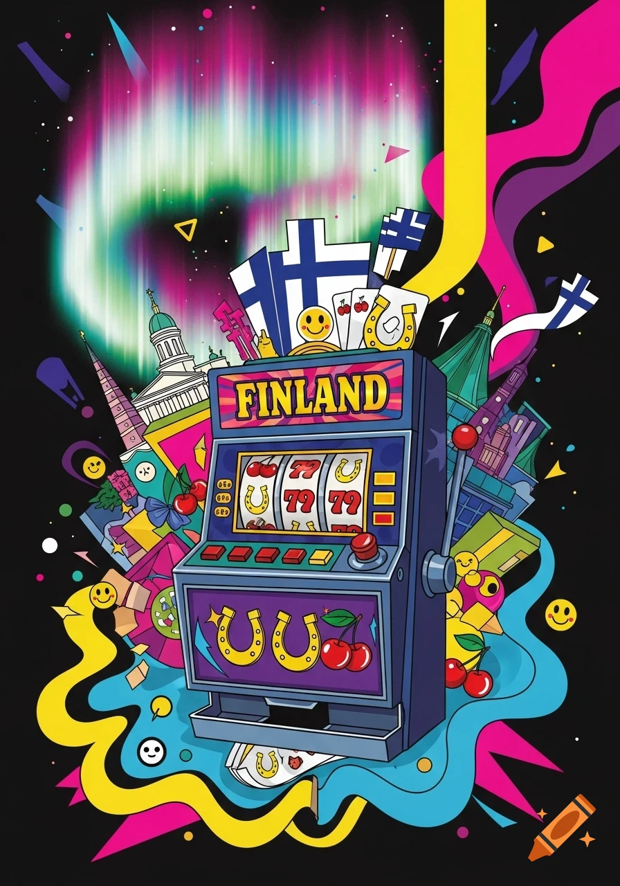 Colorful pop-art illustration featuring a slot machine, Finnish flags, Helsinki landmarks, and the Northern Lights.