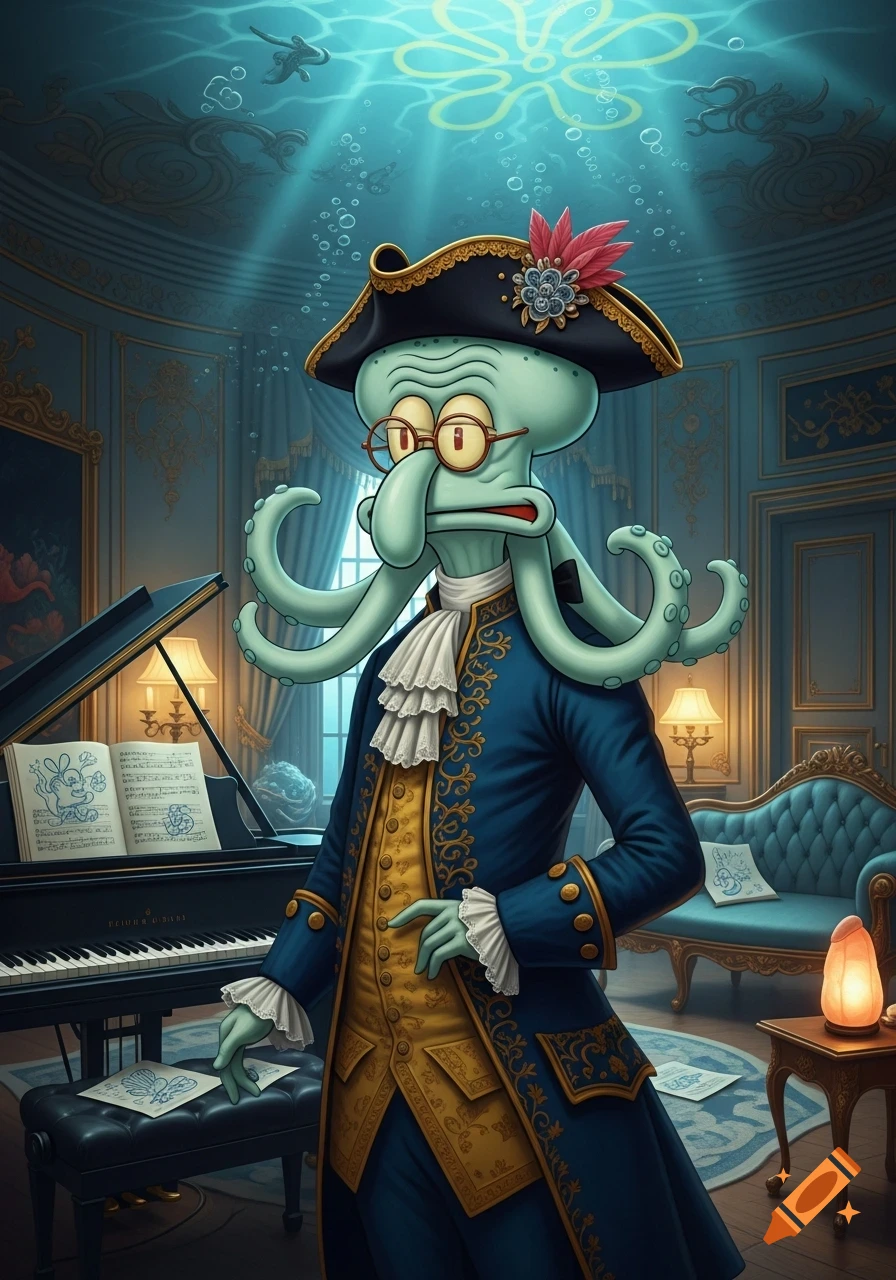 Squidward from SpongeBob in an elaborate blue baroque suit and tricorn hat, stands by a grand piano in an ornate underwater room.