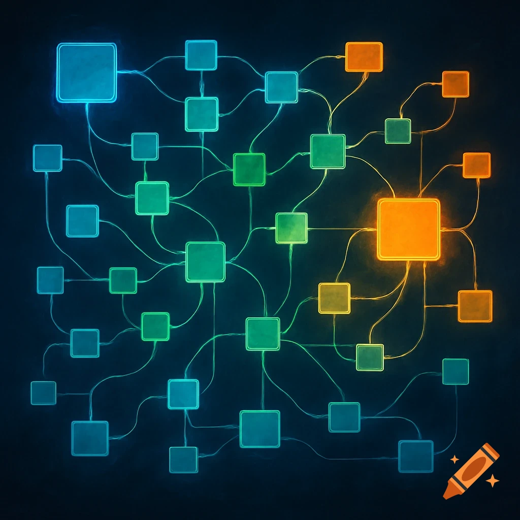 An abstract network diagram featuring glowing square nodes in shades of blue, green, and orange connected by intricate lines on a dark background.