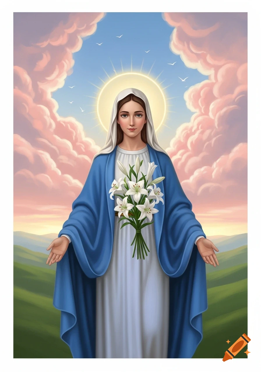 A serene depiction of the Virgin Mary in a blue robe, holding white lilies, against a sky with soft pink clouds and a glowing halo.