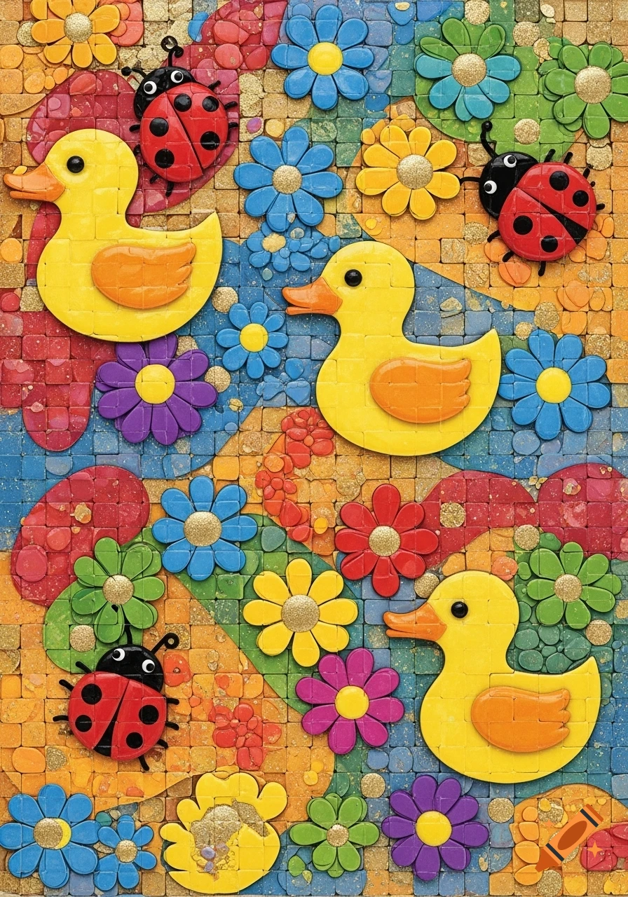 Colorful mosaic featuring yellow rubber ducks, red ladybugs, and various bright flowers, set against a background of small textured tiles.