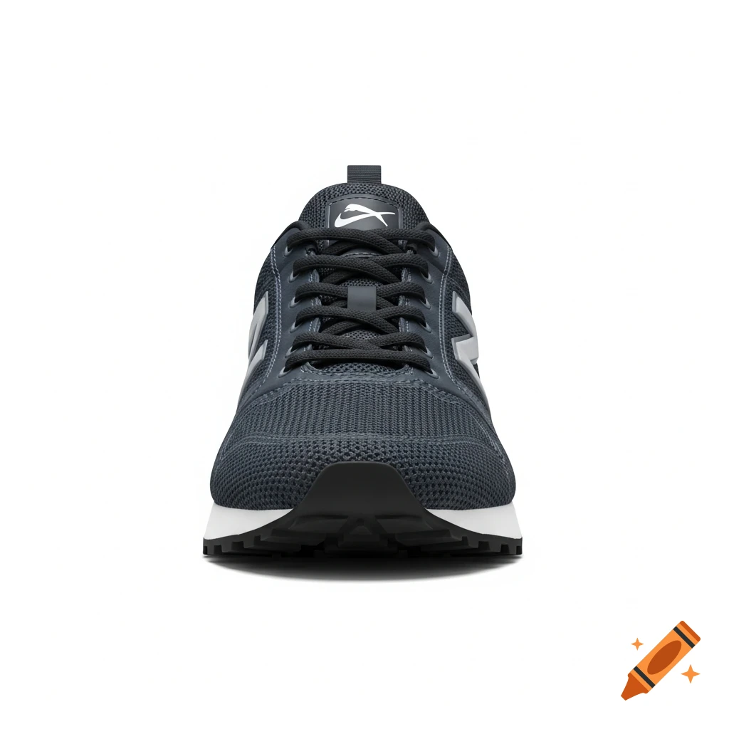 A front-facing view of a dark grey and white running shoe with black laces and a white sole, set against a pure white background.