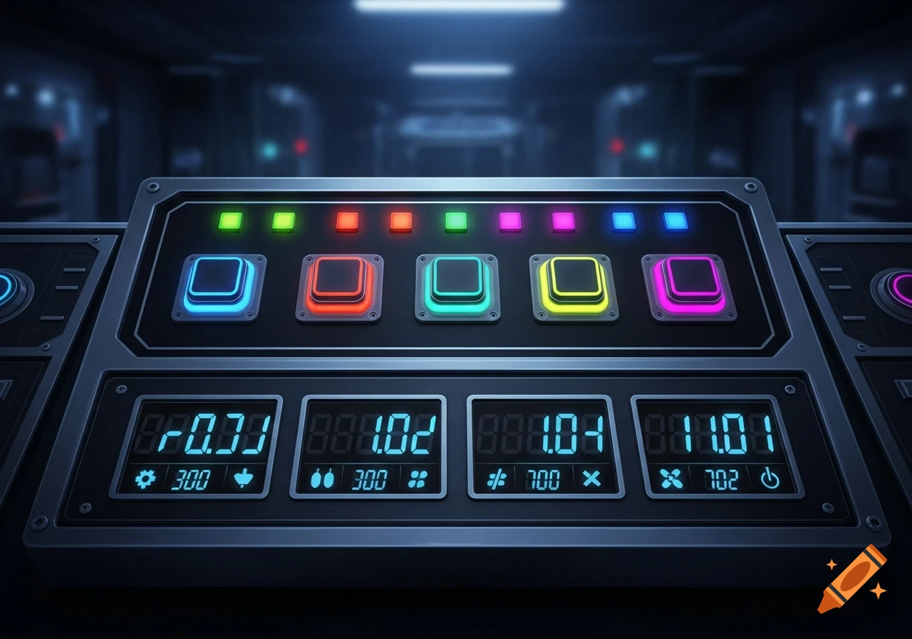 A close-up view of a futuristic control panel with glowing colorful buttons, digital displays showing numbers and symbols in a dark, blurred background.