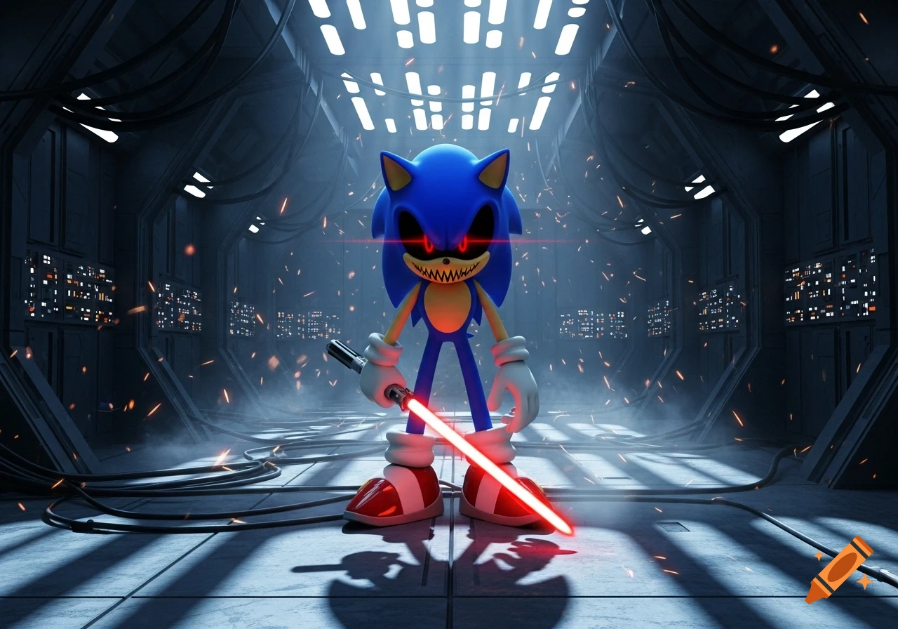 Evil Sonic with glowing red eyes and sharp teeth stands in a dark sci-fi corridor, holding a red lightsaber.
