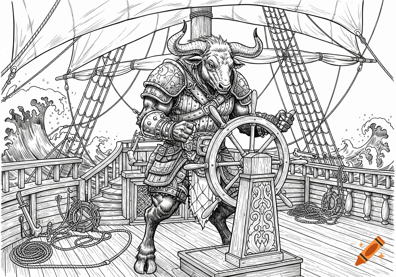 Ink drawing of an armored Minotaur steering a sailing ship on a wavy sea.