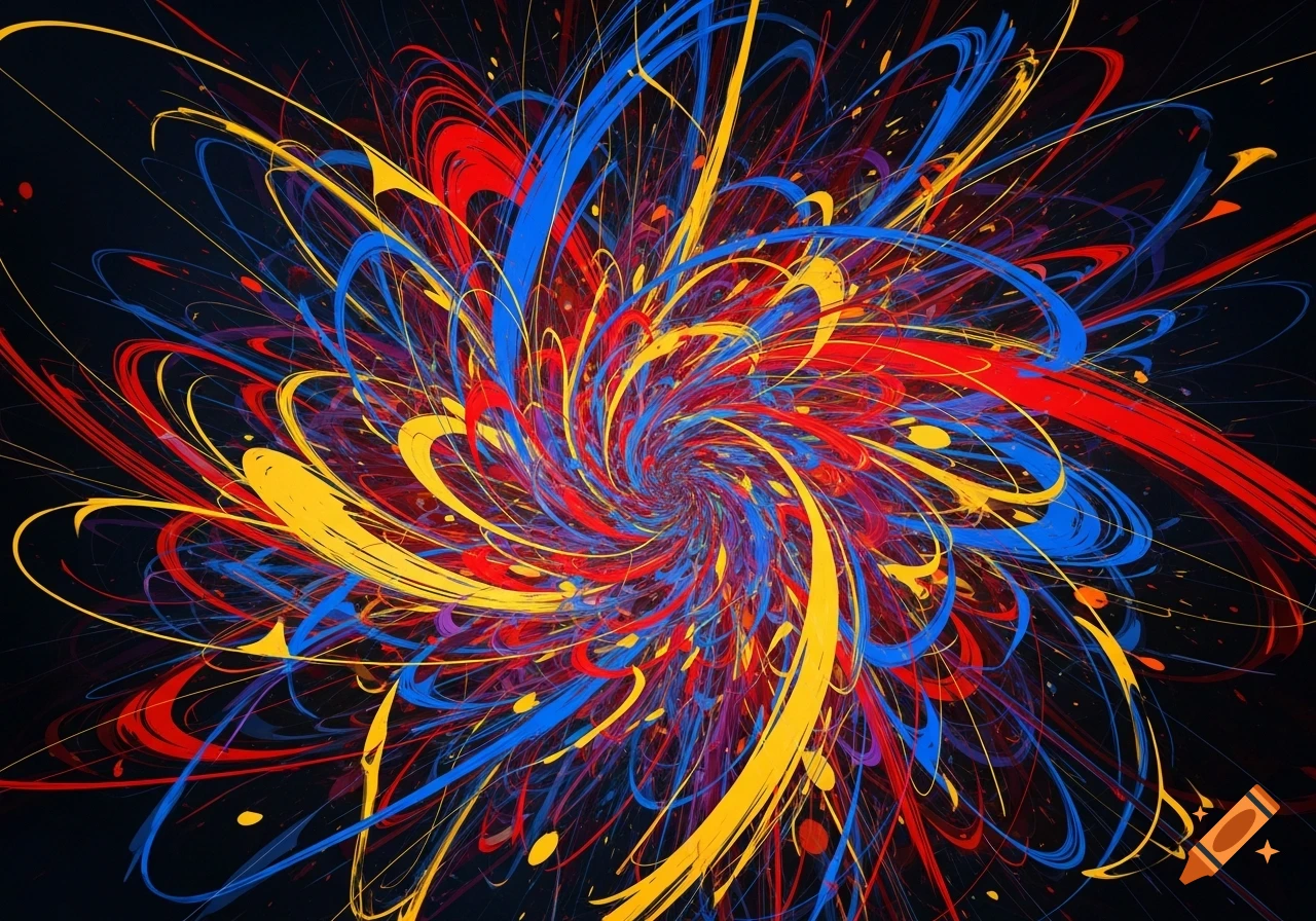 A vibrant abstract artwork featuring a spiraling explosion of red, blue, and yellow paint splatters and lines on a dark background.