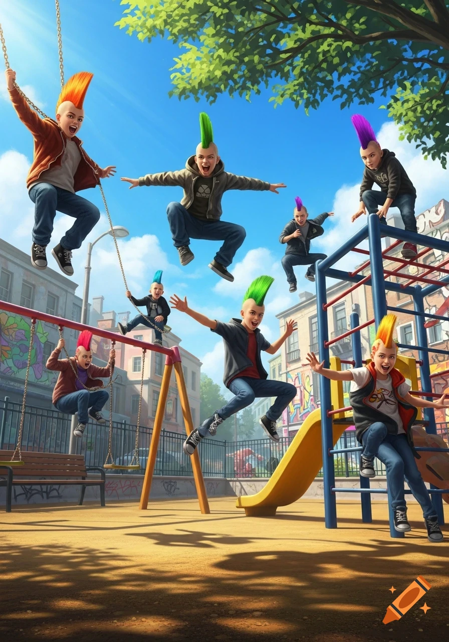 Energetic cartoon boys with colorful mohawks leap and swing in a sunny urban playground.