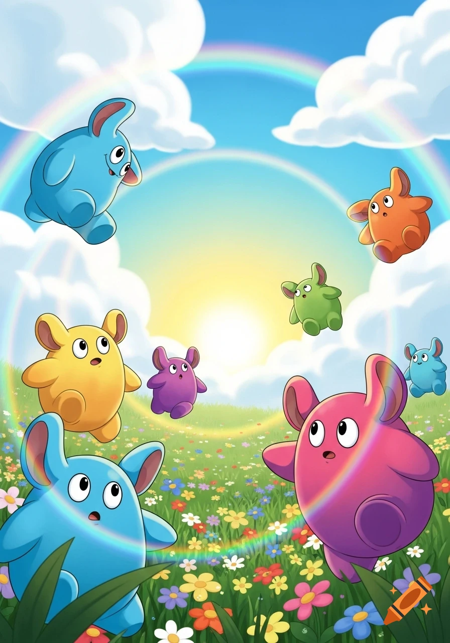 Colorful cartoon creatures resembling bunnies or mice play in a sunny meadow filled with flowers under a bright blue sky with a rainbow.