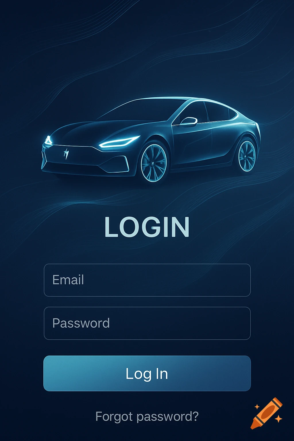 Mobile app login screen with a glowing blue electric car, email and password fields, and a 'Log In' button on a dark blue background.