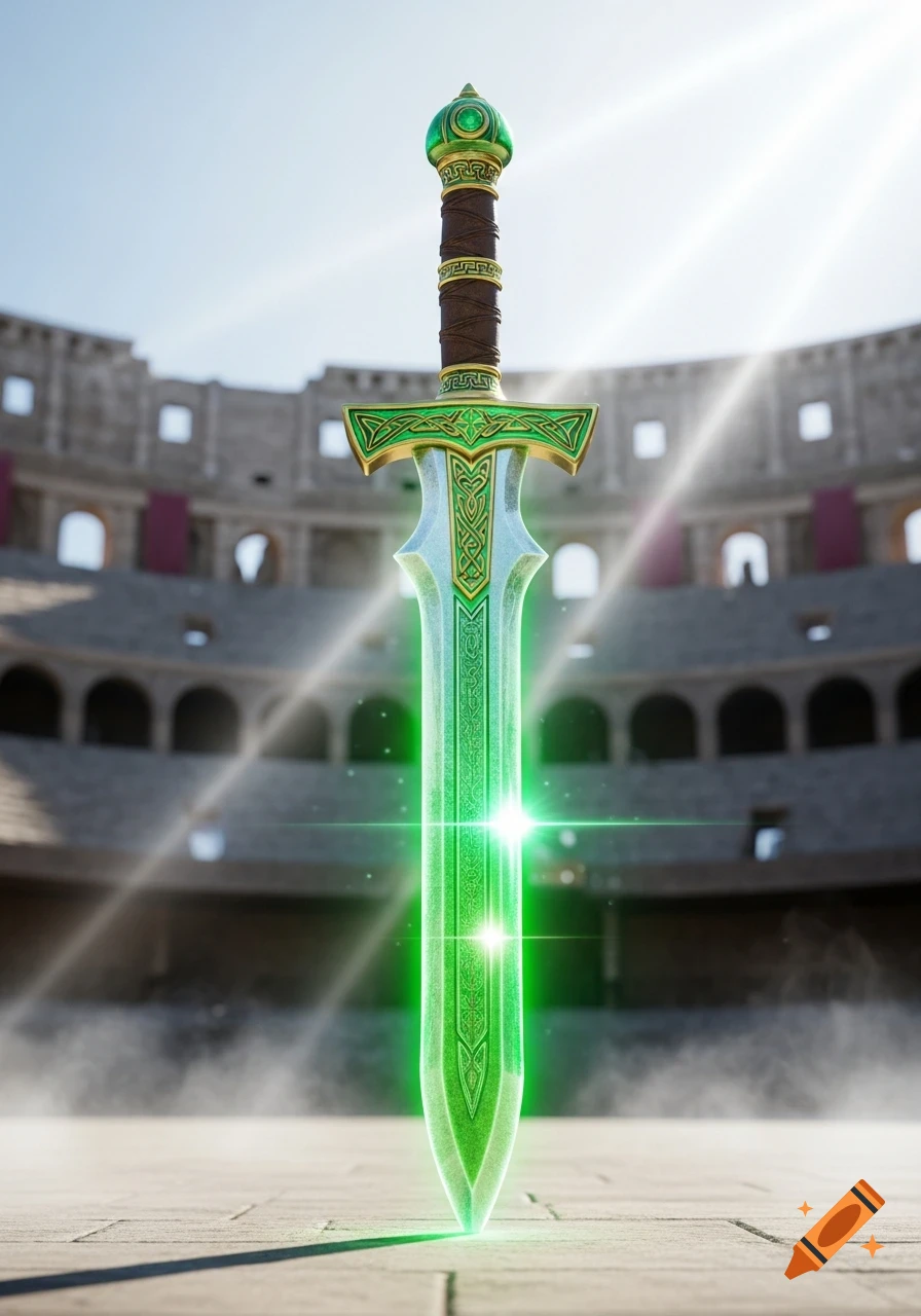 A glowing green gladius sword stands upright in the center of an ancient coliseum arena under a bright sky.