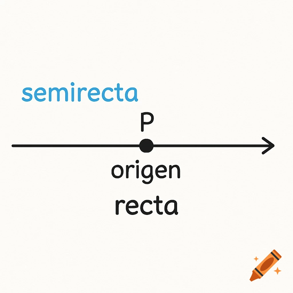 A simple geometric diagram showing a horizontal line with point P labeled 'origen', 'semirecta' above one segment, and 'recta' below the line.