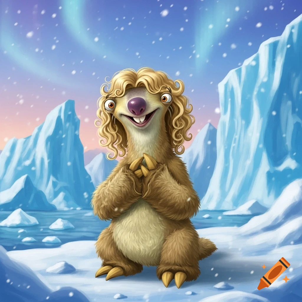 Sid from Ice Age with a blonde curly wig, hands clasped, in a snowy arctic landscape with icebergs and aurora borealis.