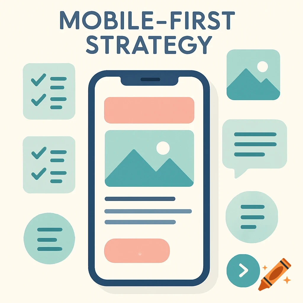 Flat design illustration of a smartphone with a responsive layout, surrounded by UI elements and the text 'MOBILE-FIRST STRATEGY'.