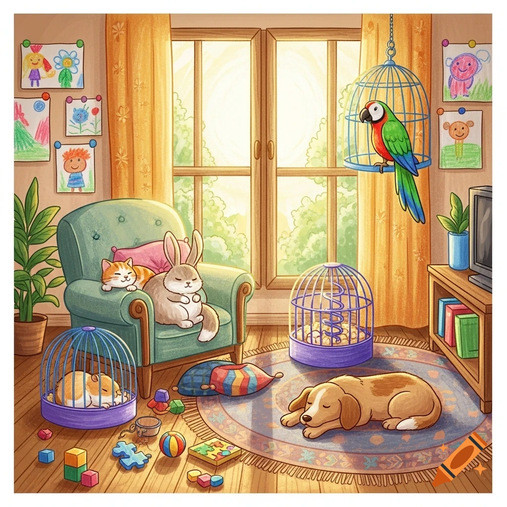 An illustration in children's drawing style of a cozy living room with a cat and rabbit on a chair, a dog sleeping on a rug, a hamster in a cage, and a parrot in a hanging cage, surrounded by toys and sunlight.