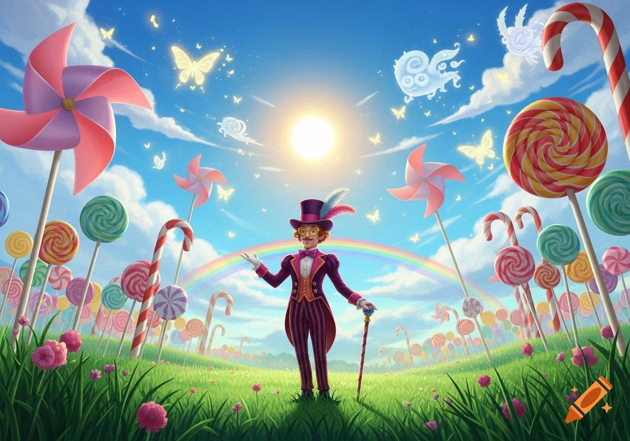 A dandy in a purple suit and top hat stands in a vibrant candy land with lollipops, pinwheels, candy canes, a rainbow, and butterflies.