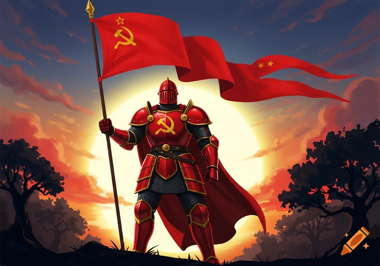 A red armored knight holds a large flag with a gold hammer and sickle symbol, with a rising sun and a red banner with stars in the background, in an illustrative style.