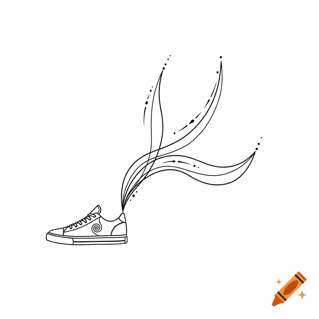 Minimalist black line art drawing of a sneaker with a spiral inside and abstract, flowing lines extending from it.