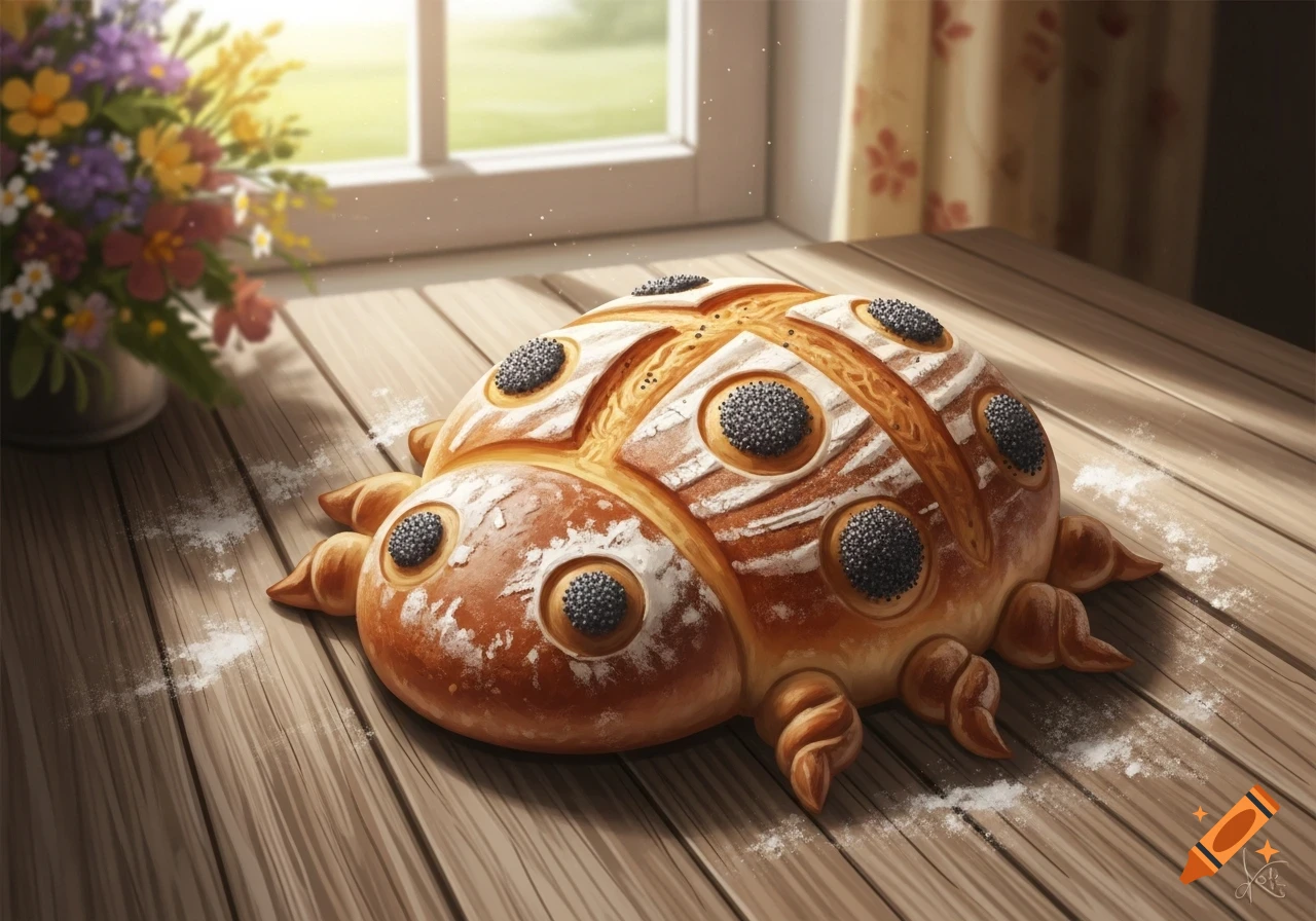 A ladybug-shaped bread loaf with poppy seeds on a wooden table, with flowers and a window in the background.