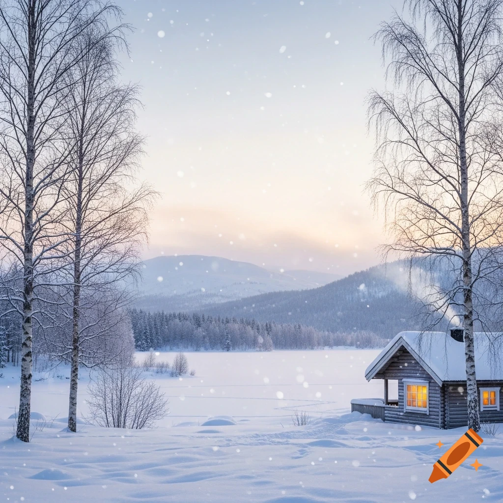 A cozy wooden cabin with glowing windows sits in a vast snowy landscape during a light snowfall, framed by bare trees with mountains in the background.