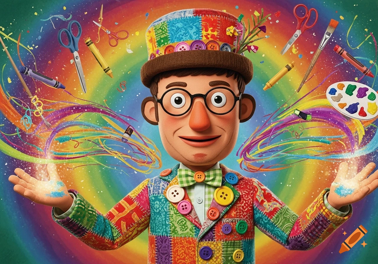 A cheerful cartoon man with glasses, wearing a colorful patchwork suit and buttoned hat, stands with open hands, surrounded by floating art supplies and rainbow-colored ribbons.