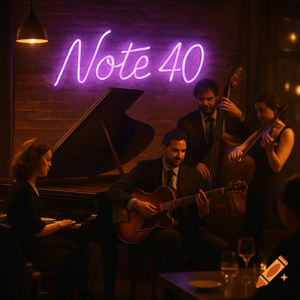 Four jazz musicians playing piano, guitar, bass, and violin in a dimly lit restaurant under a purple neon 'Note 40' sign.