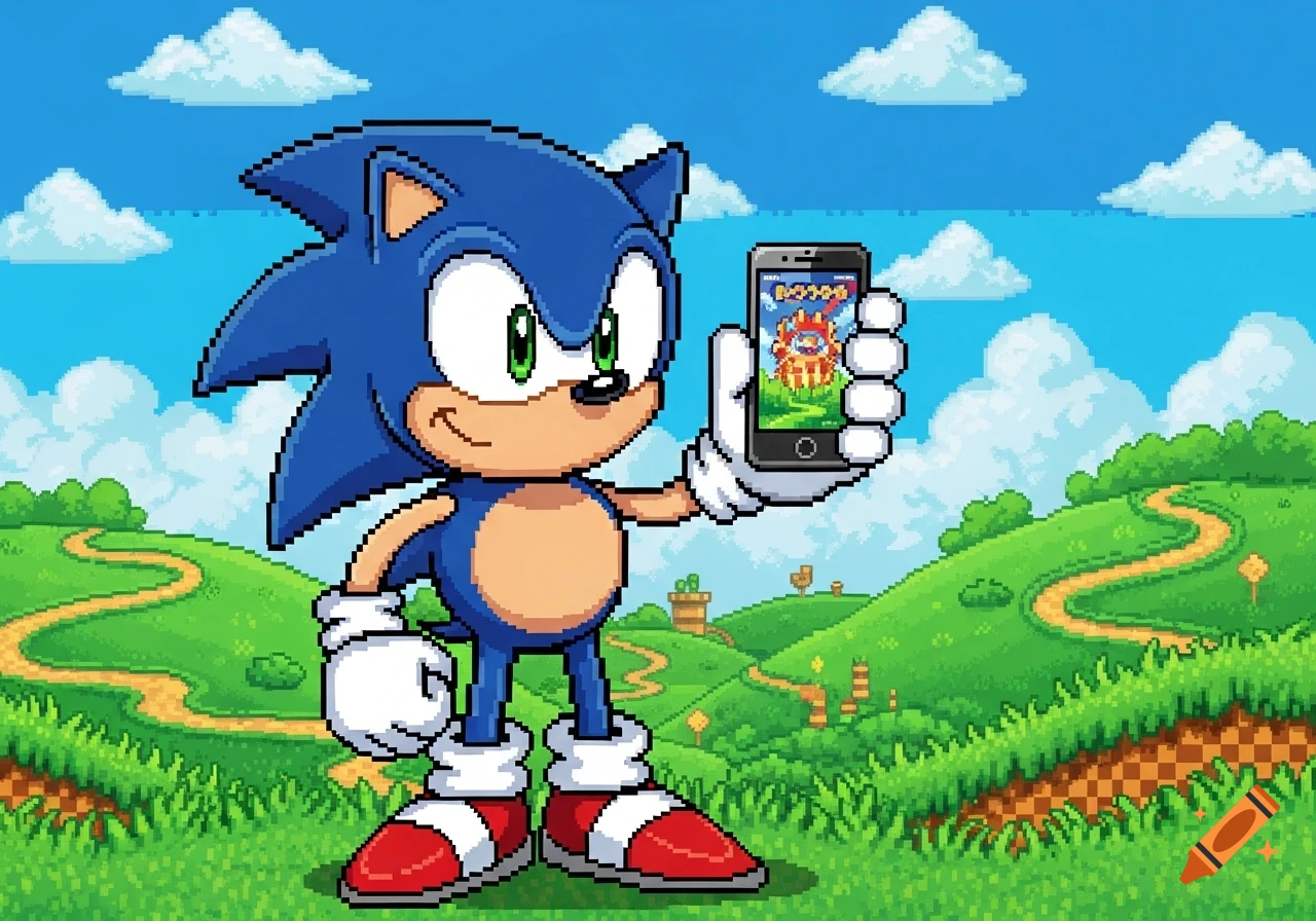 Pixel art Sonic the Hedgehog stands in a grassy landscape under a blue sky, holding up a smartphone with an app on its screen.