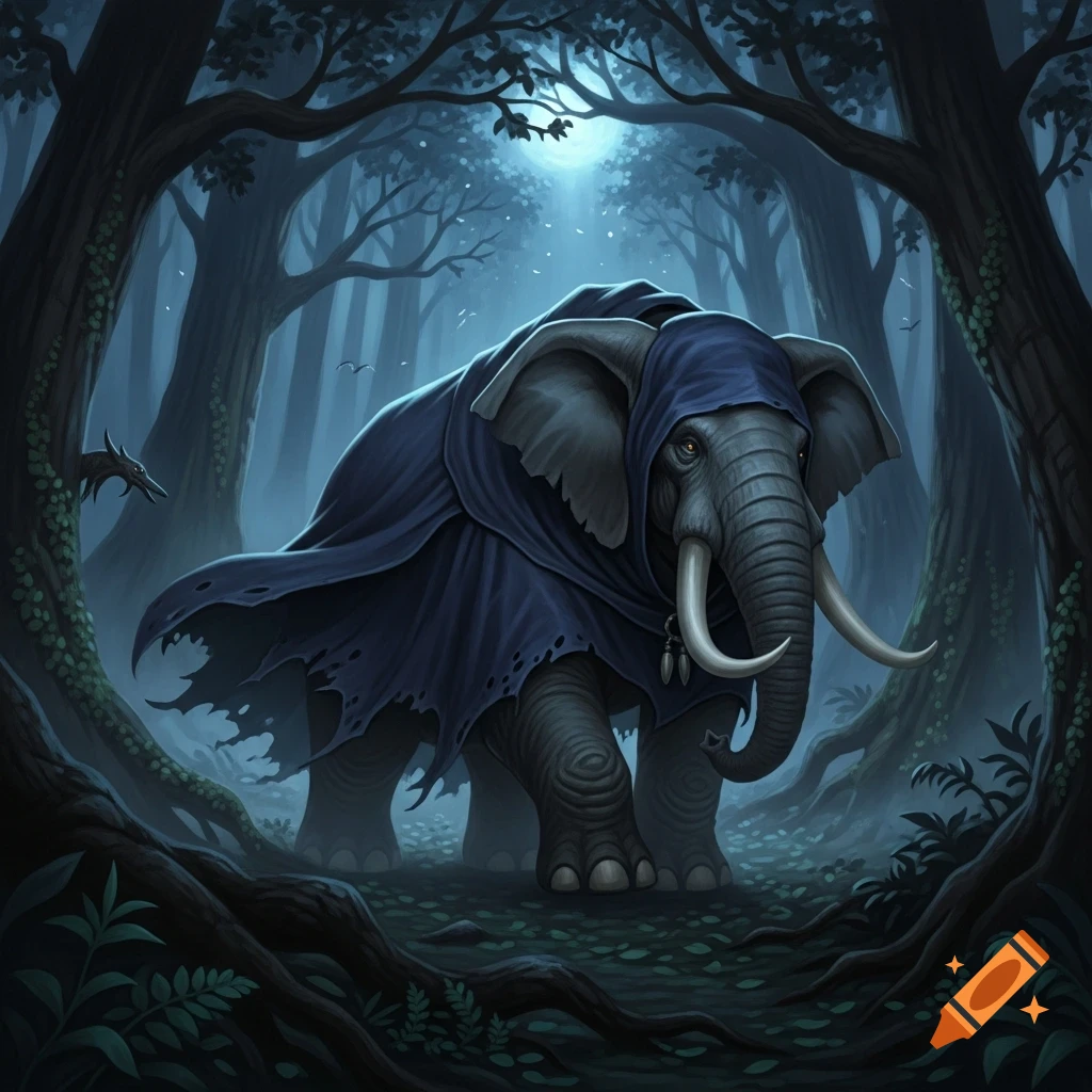 A Loxodon in a dark, tattered cloak stands in a moonlit fantasy forest, digital art.
