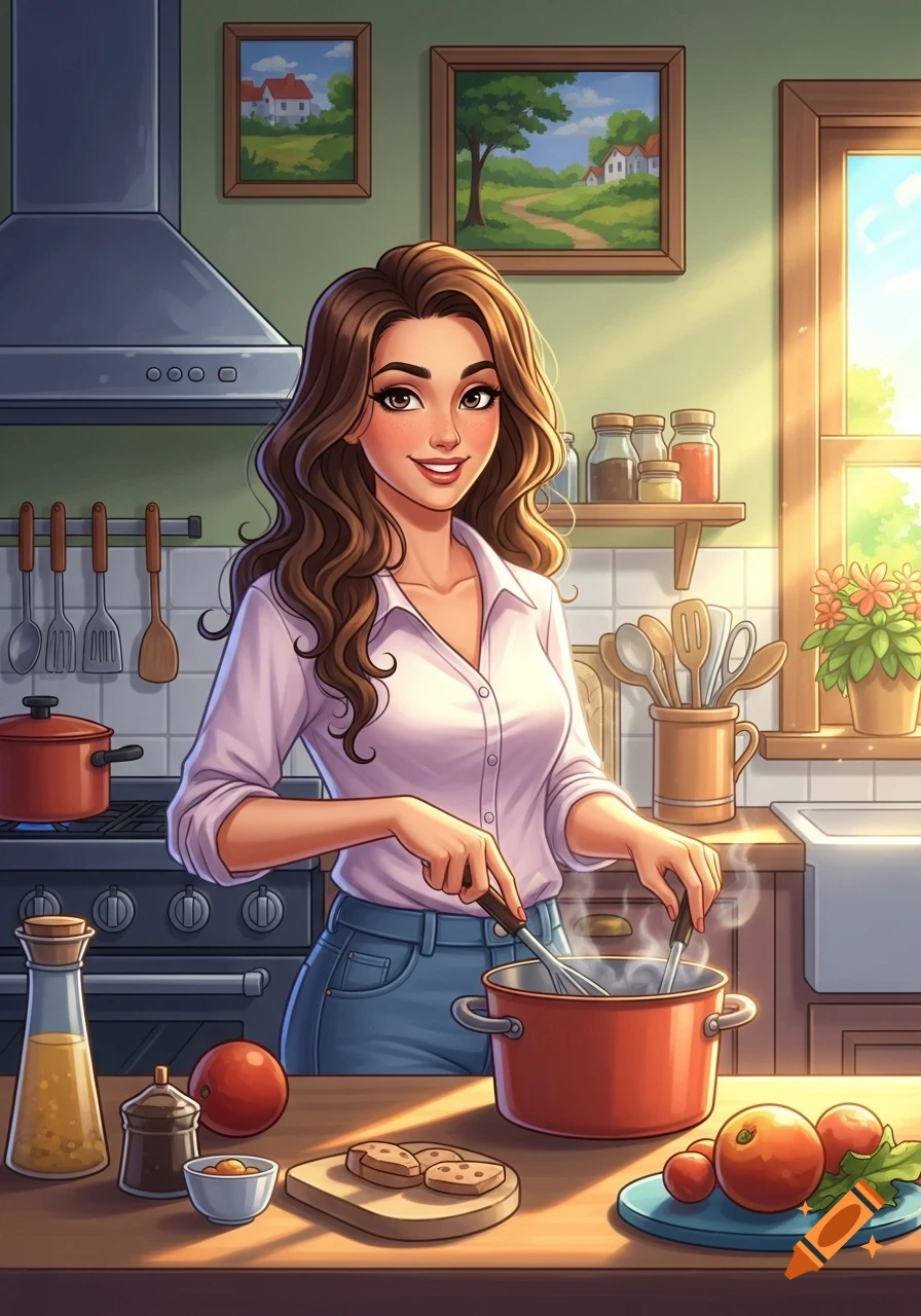 Animated woman cooking in a sunny kitchen, stirring a pot on the stove while ingredients are on the counter.